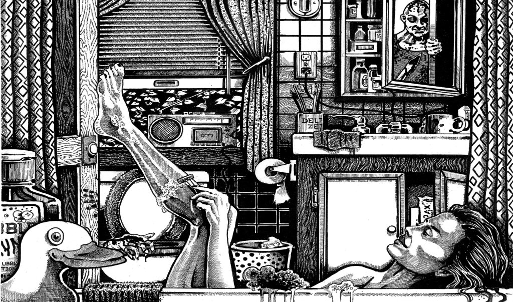 A woman lies in a bathtub, surrounded by a surreal and dreamlike atmosphere, with a rubber duck and various objects in the...